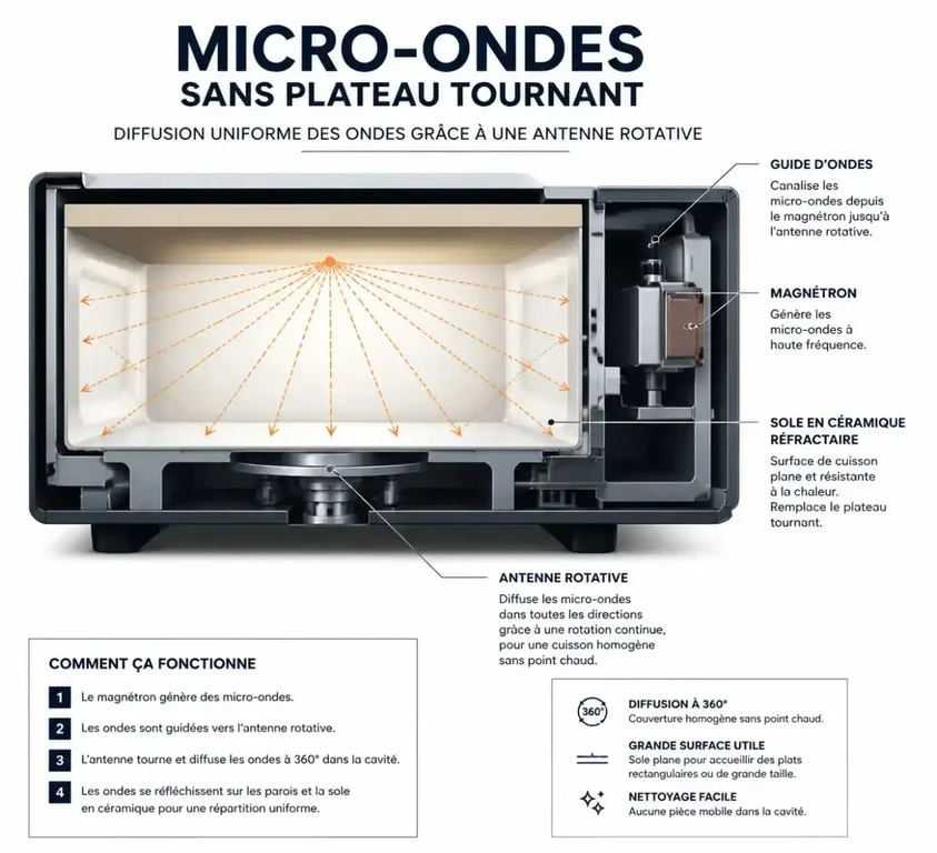 Schéma de fonctionnement d'un micro-ondes sans plateau tournant avec antenne sous la sole