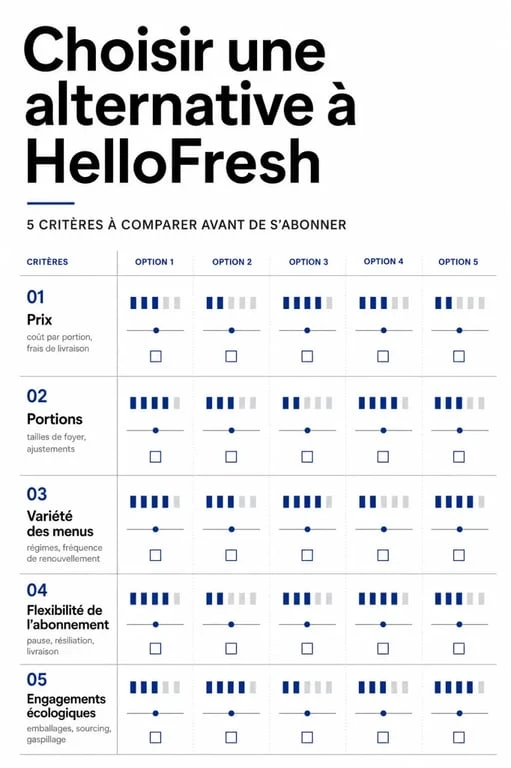 Comparatif visuel des meilleures hellofresh alternative selon le prix, les portions et les engagements