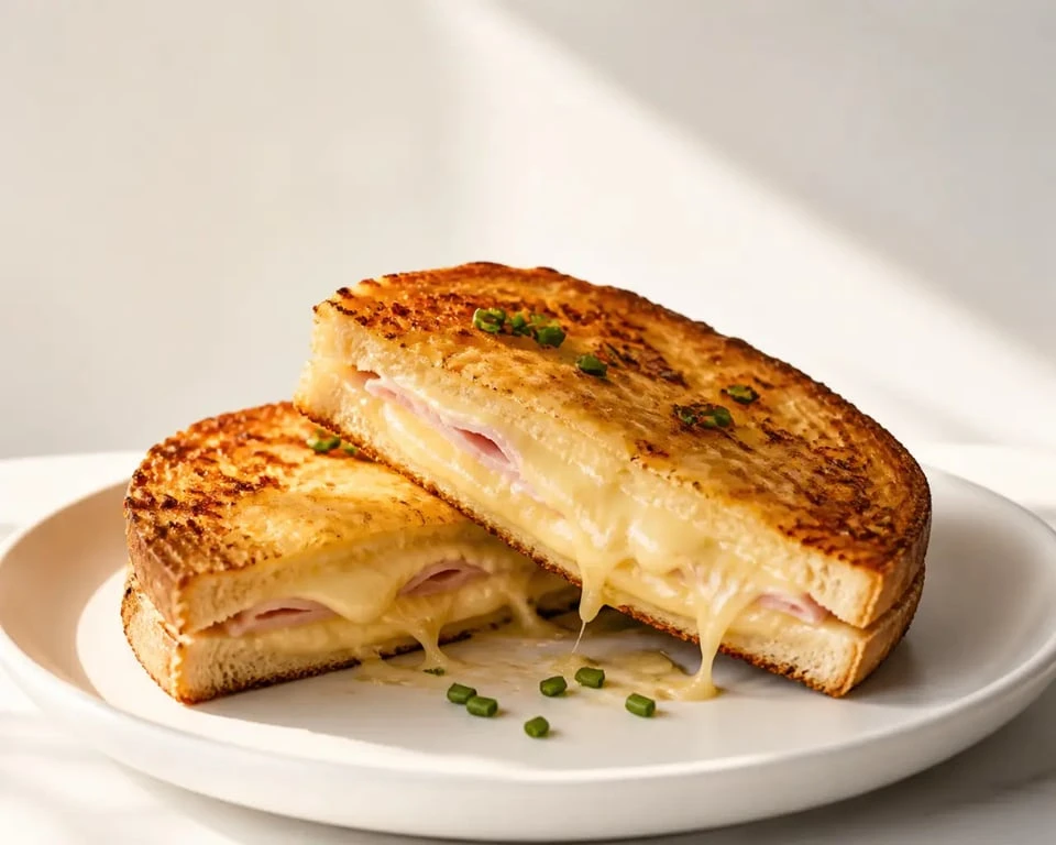 Recette croque monsieur Cyril Lignac doré et fondant sur assiette blanche