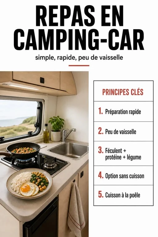 Infographie repas camping car avec repas rapides, peu de vaisselle et idées de menus pratiques
