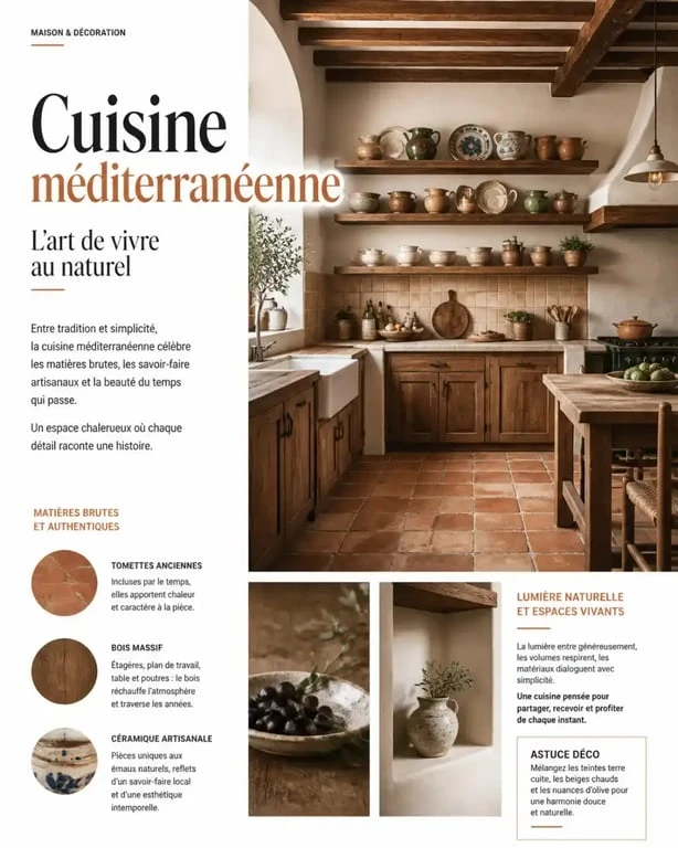Cuisine traditionnelle style méditerranéen avec tomettes et céramique artisanale