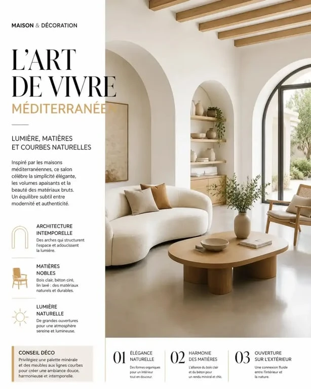 Salon moderne style méditerranéen avec arches et mobilier en bois clair