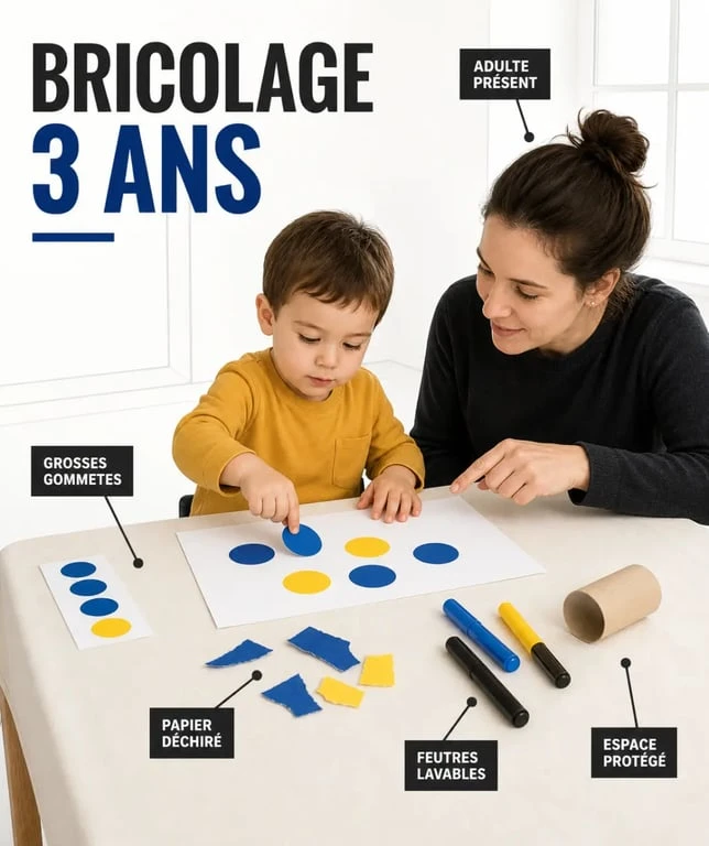 Bricolage enfant 3 ans : un tout-petit colle des gommettes et manipule du papier sur une table protégée