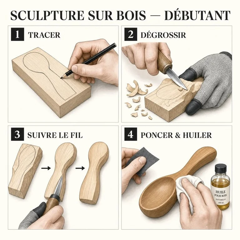 Sculpture sur bois pour débutant : étapes simples du traçage au ponçage