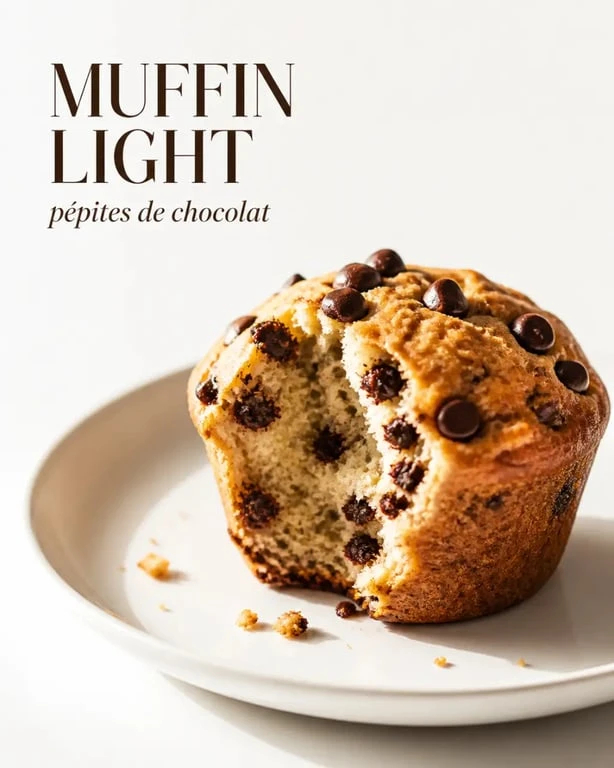 Muffin light aux pépites de chocolat, moelleux et doré, présenté sur une assiette