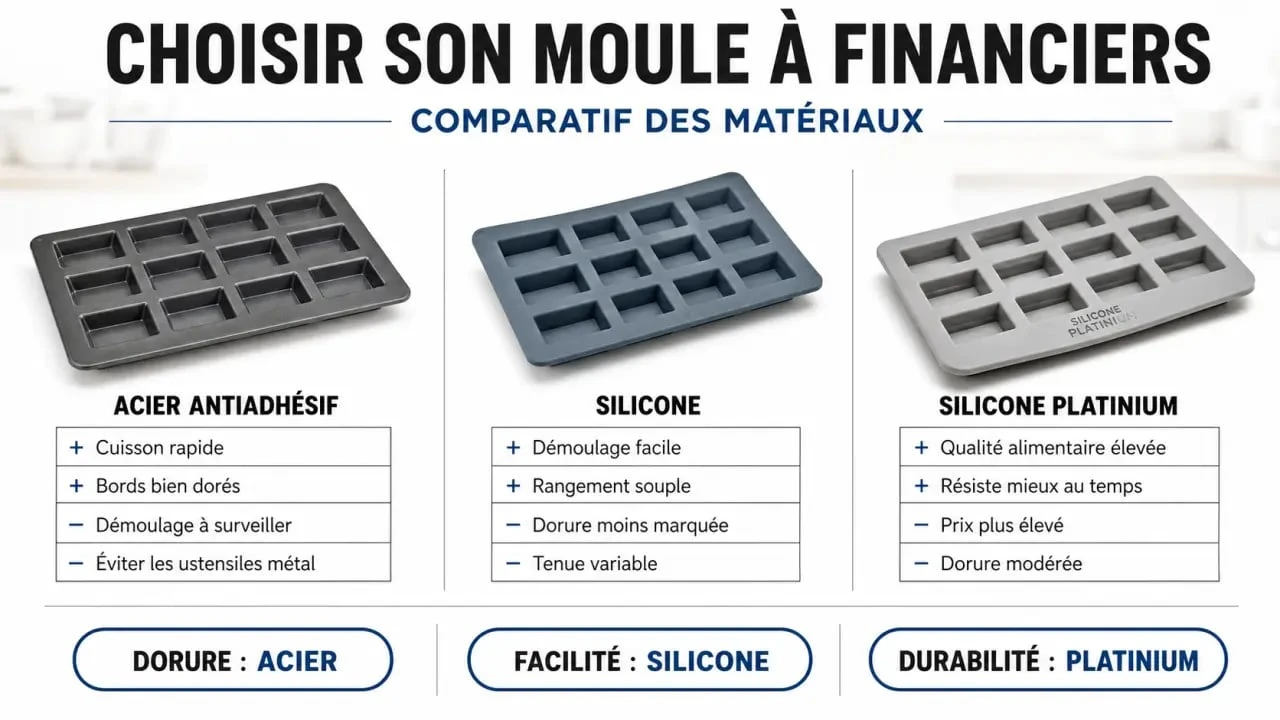 Comparatif du moule à financiers en acier antiadhésif, silicone et silicone Platinium