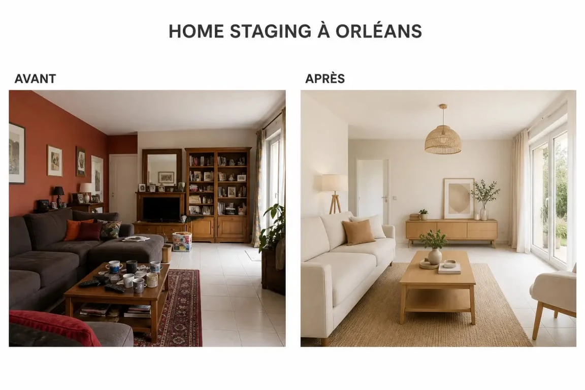 Avant/après de home staging orleans dans un salon lumineux et désencombré