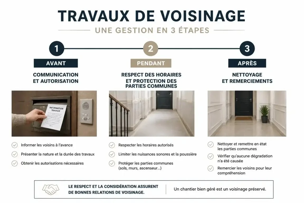 Infographie des bonnes pratiques pour gérer ses travaux voisins : avant, pendant et après le chantier
