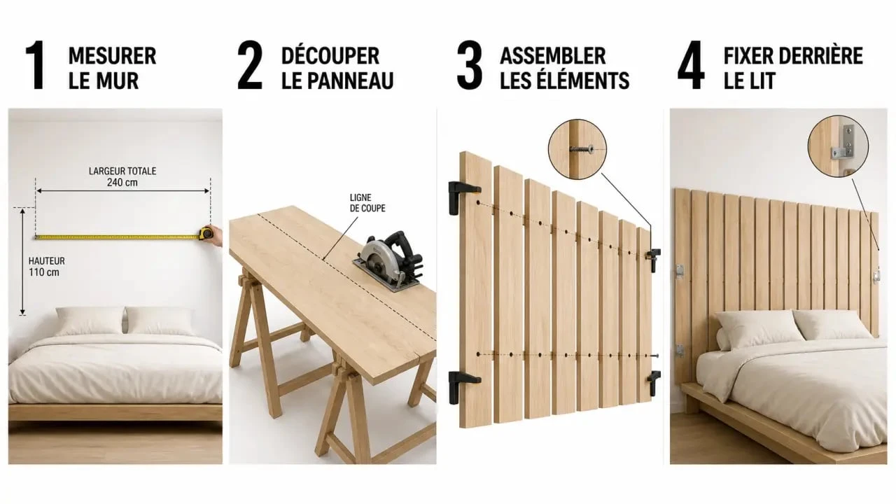 Tete de lit fabriqué maison : étapes de mesure, découpe, assemblage et fixation