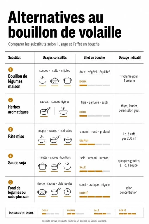 Par quoi remplacer le bouillon de volaille : infographie comparative des alternatives