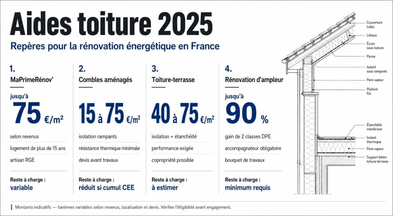 Aides rénovation toiture : comparatif visuel des principales aides, montants et critères d’éligibilité