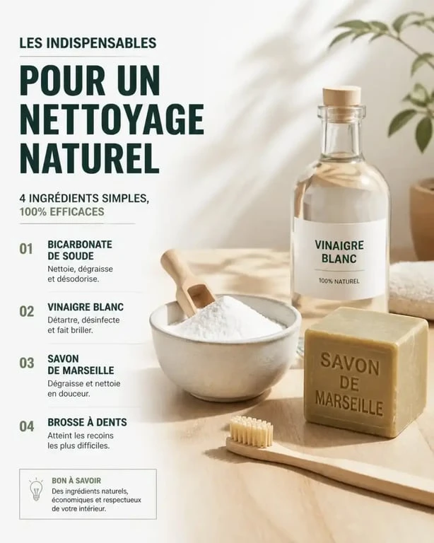 Matériel naturel pour nettoyer sa gazinière : vinaigre blanc, bicarbonate et savon de Marseille