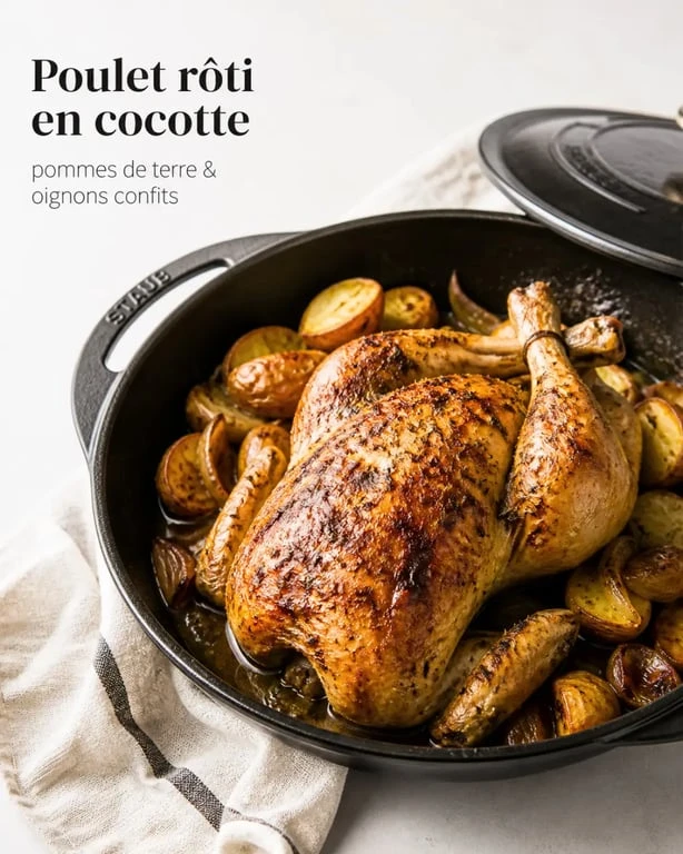 Poulet au four cocotte fermée moelleux et doré en cocotte en fonte
