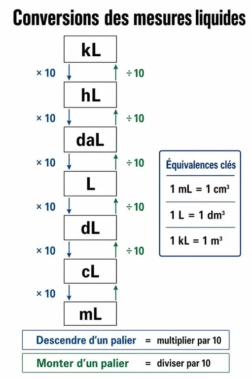 Tableau des mesure liquide avec échelle de conversion du kL au mL