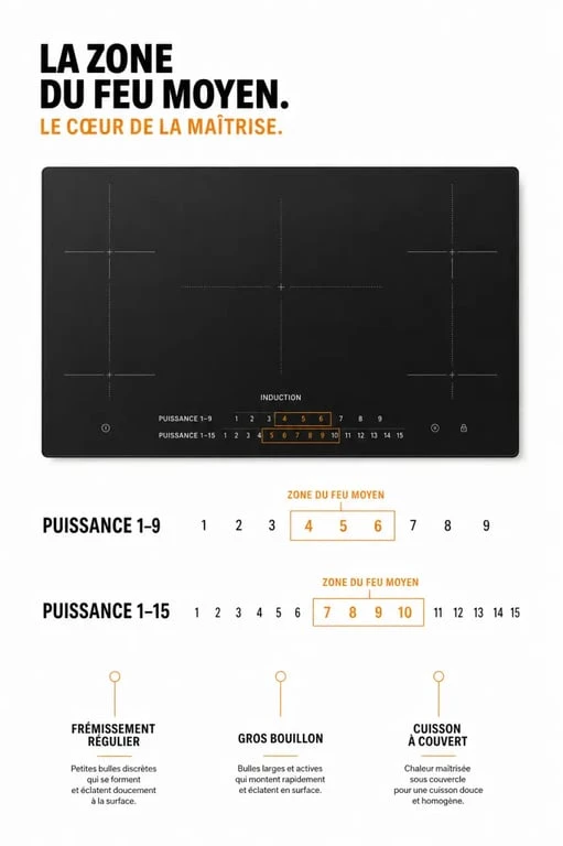 Feu moyen plaque induction : infographie des niveaux 5 à 6 sur 9 avec repères de frémissement et de cuisson