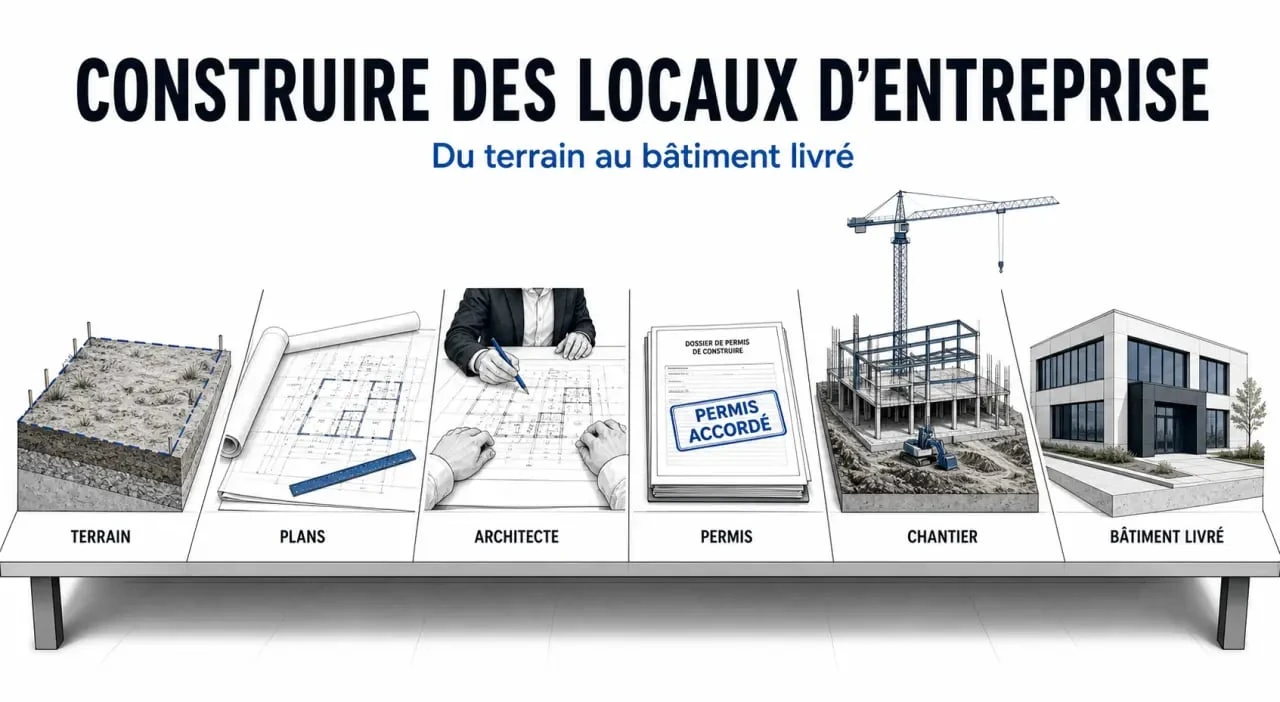 Illustration de construction immobilier entreprise montrant les étapes d’un projet de terrain à livraison