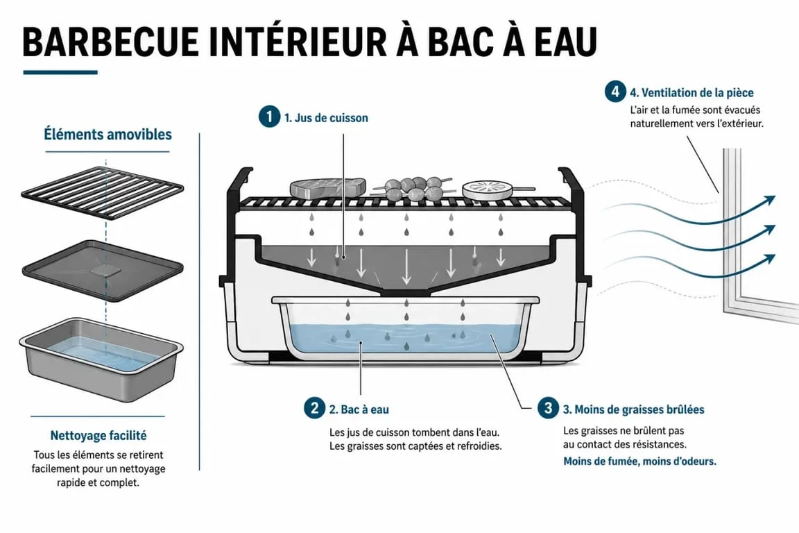 Schéma du barbecue interieur avec bac à eau et récupération des graisses