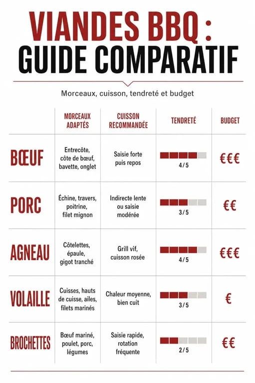 Viande bbq : tableau comparatif des morceaux, de la cuisson et du budget
