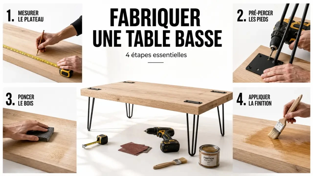 Fabriquer une table basse originale : étapes de fabrication en atelier avec plateau en bois et pieds épingles