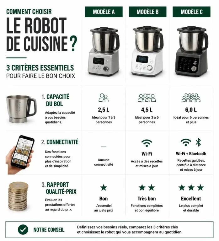 Infographie comparative des critères pour choisir le meilleur robot de cuisine