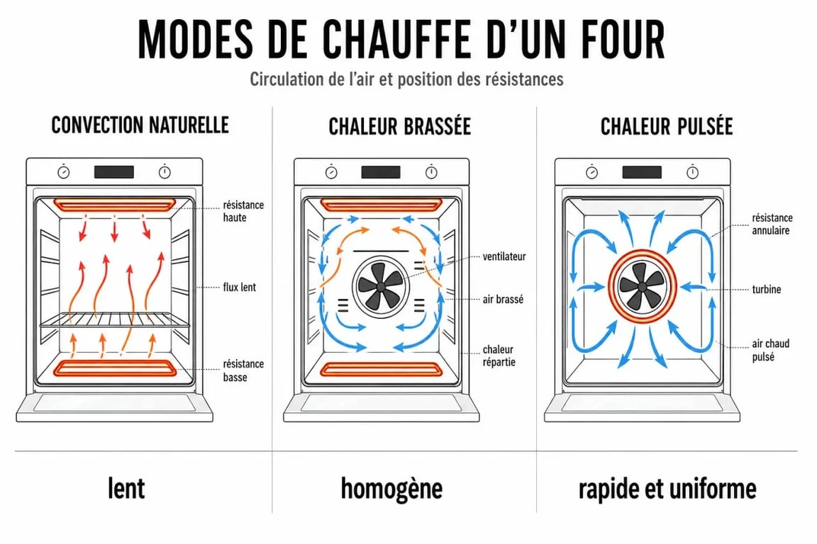 four à chaleur tournante ou pulsée : schéma comparatif de la circulation de l’air dans un four