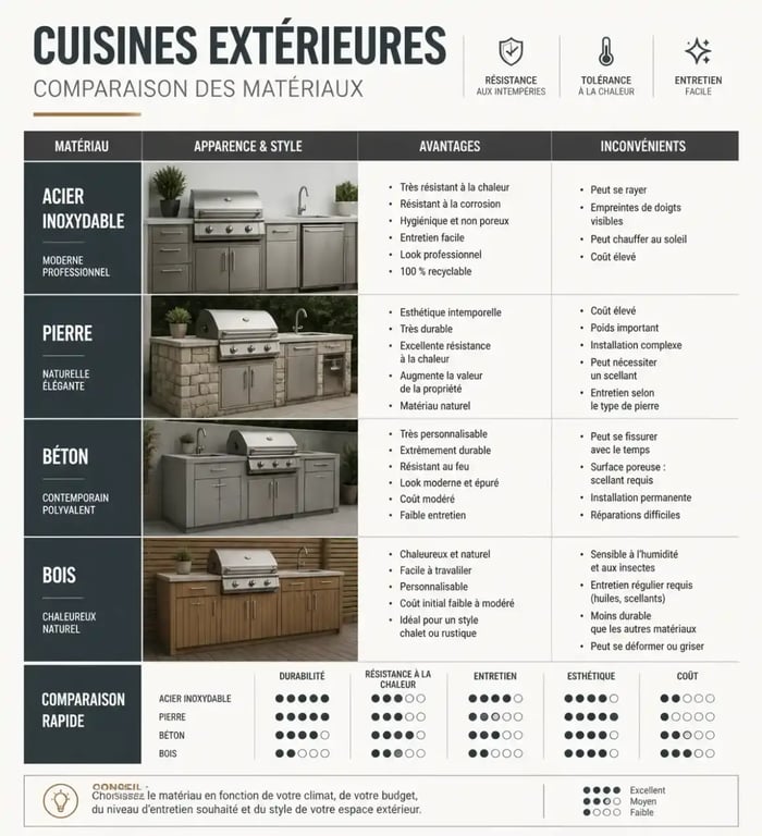 Infographie comparative des matériaux pour aménager une cuisine d'été fonctionnelle