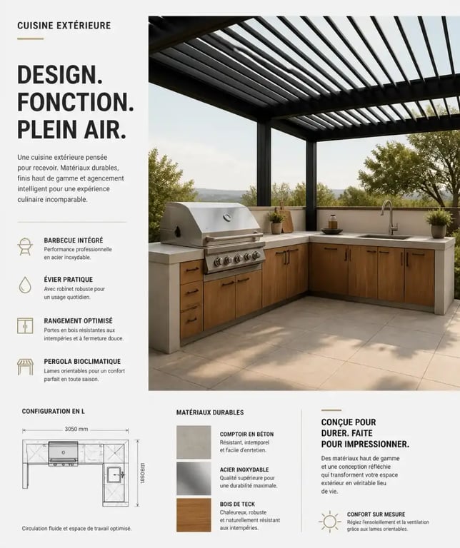 Aménagement d'une cuisine d'été fonctionnelle en L sous pergola