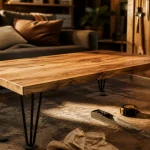 Fabriquer une table basse originale : plateau poncé et pieds épingles noirs en atelier