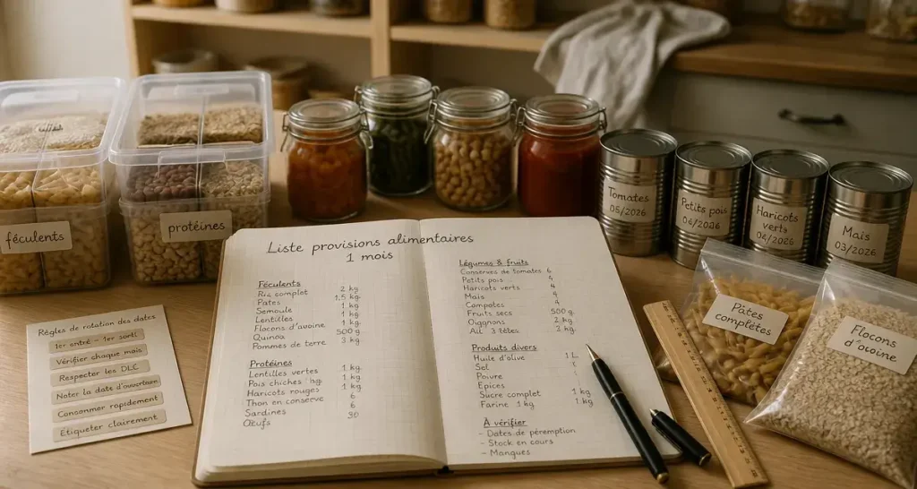 Liste de provisions alimentaires pour 1 mois, avec quantités, eau et rotation sans gaspillage