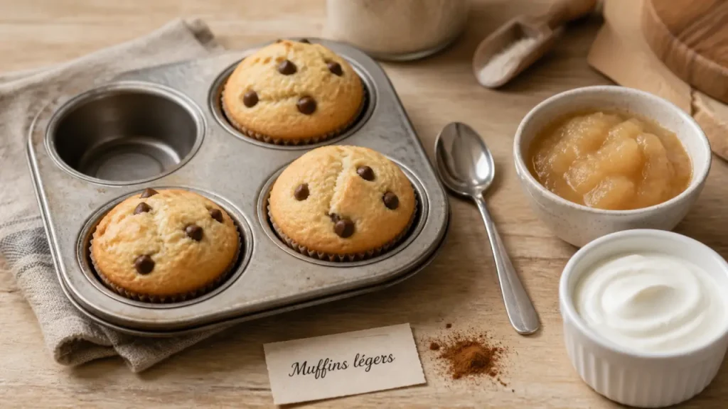Muffins light moelleux sans beurre, avec compote, fromage blanc et pépites de chocolat