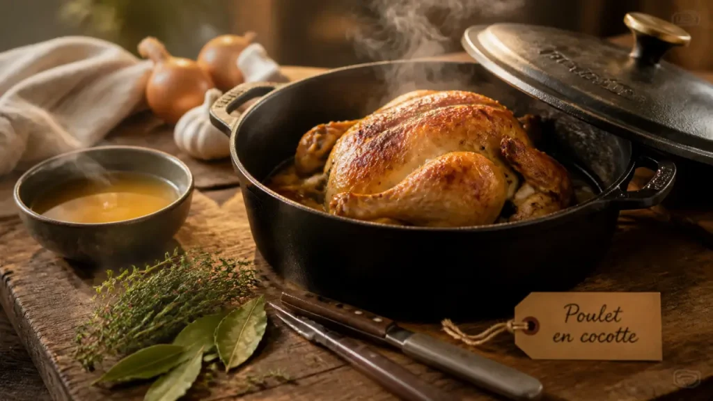 Poulet au four en cocotte fermée : 200°C, bouillon et gestes pour une chair moelleuse