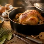 Poulet au four cocotte fermée, bouillon et thym, chair moelleuse