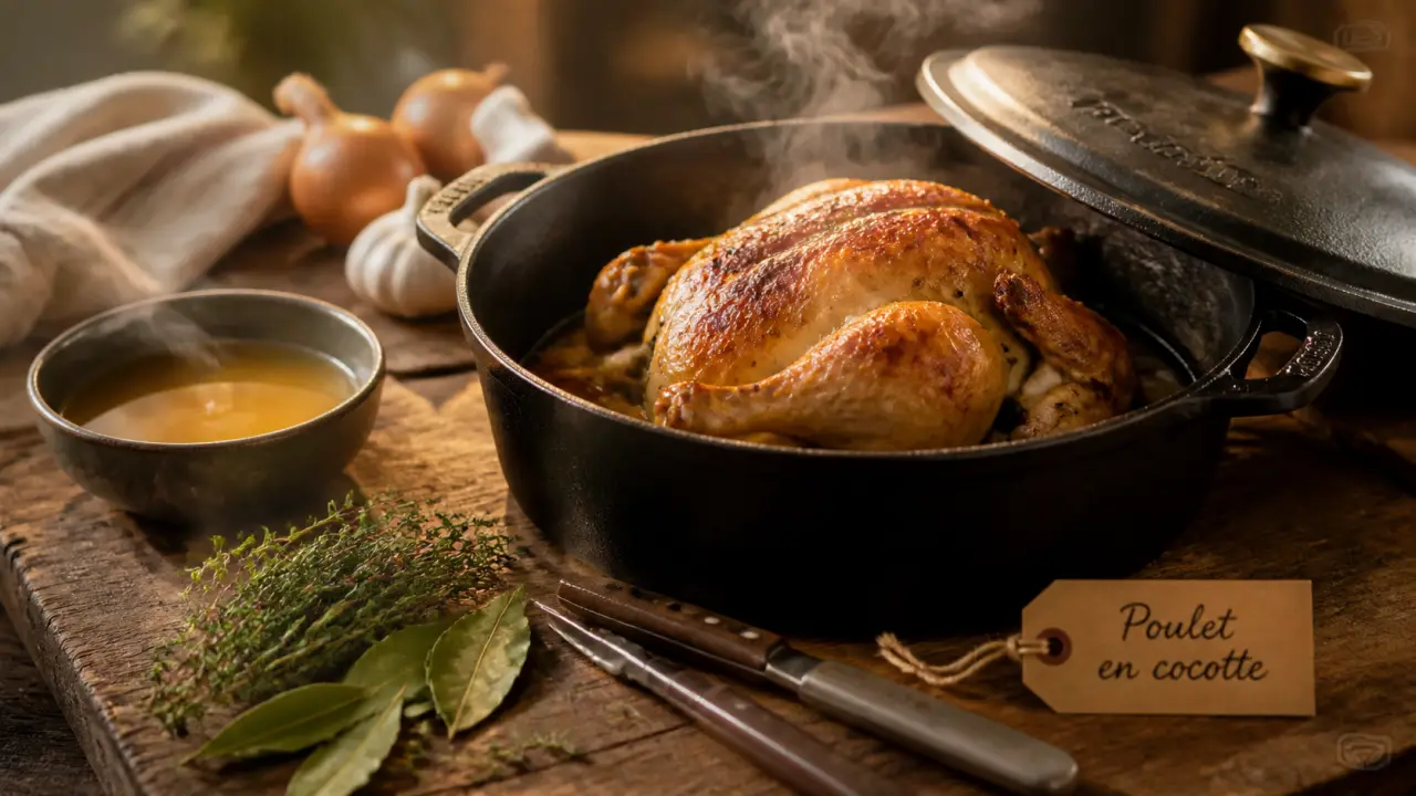Poulet au four cocotte fermée, bouillon et thym, chair moelleuse