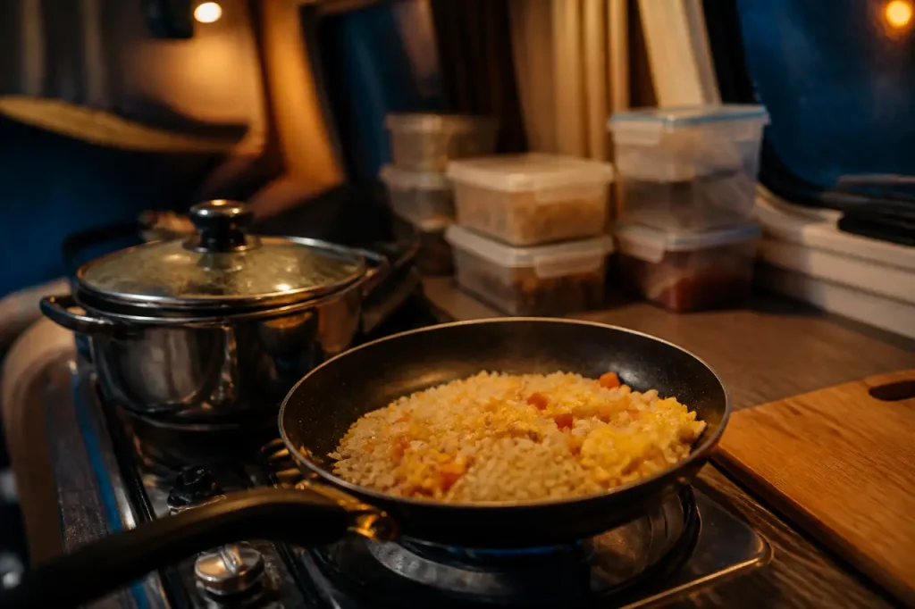Repas camping-car : riz sauté tout-en-un, wraps express et pizza à la poêle