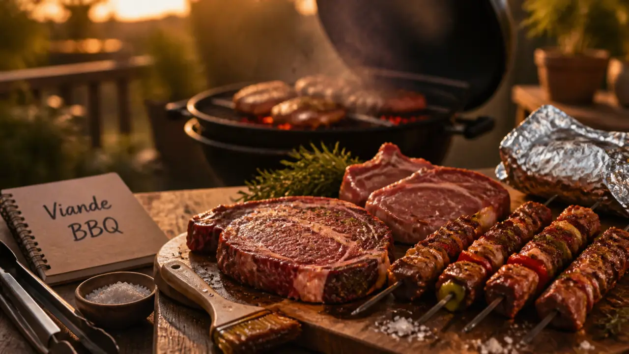 Viande bbq : planche de morceaux à griller, saisie nette au barbecue
