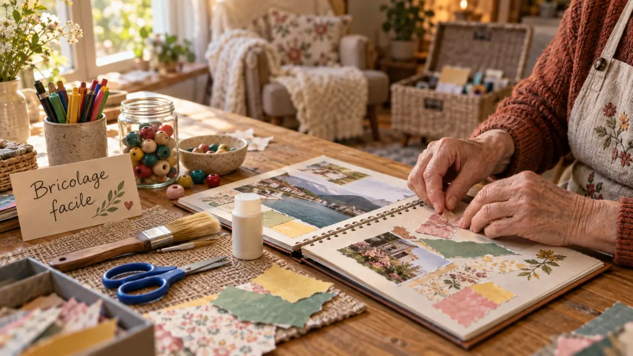Bricolage facile pour personnes âgées : collage en intérieur, mains et fournitures visibles