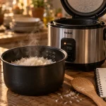 Cuiseur riz comparatif : cuiseur à riz ouvert avec vapeur dans une cuisine