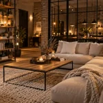 Déco salon industriel cocooning : canapé, tapis laine, bois et briques, confort brut