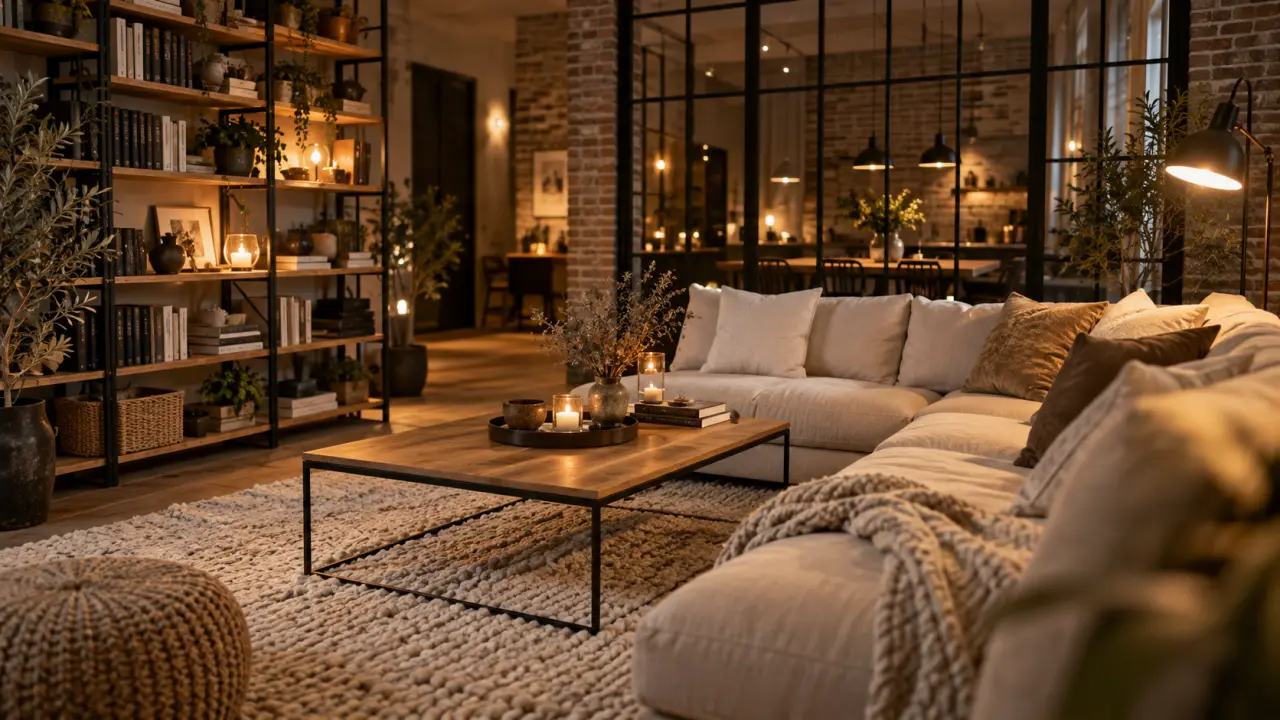 Déco salon industriel cocooning : canapé, tapis laine, bois et briques, confort brut
