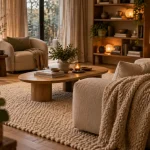 Déco scandinave cocooning : salon doux avec tapis en laine, lin et chêne clair