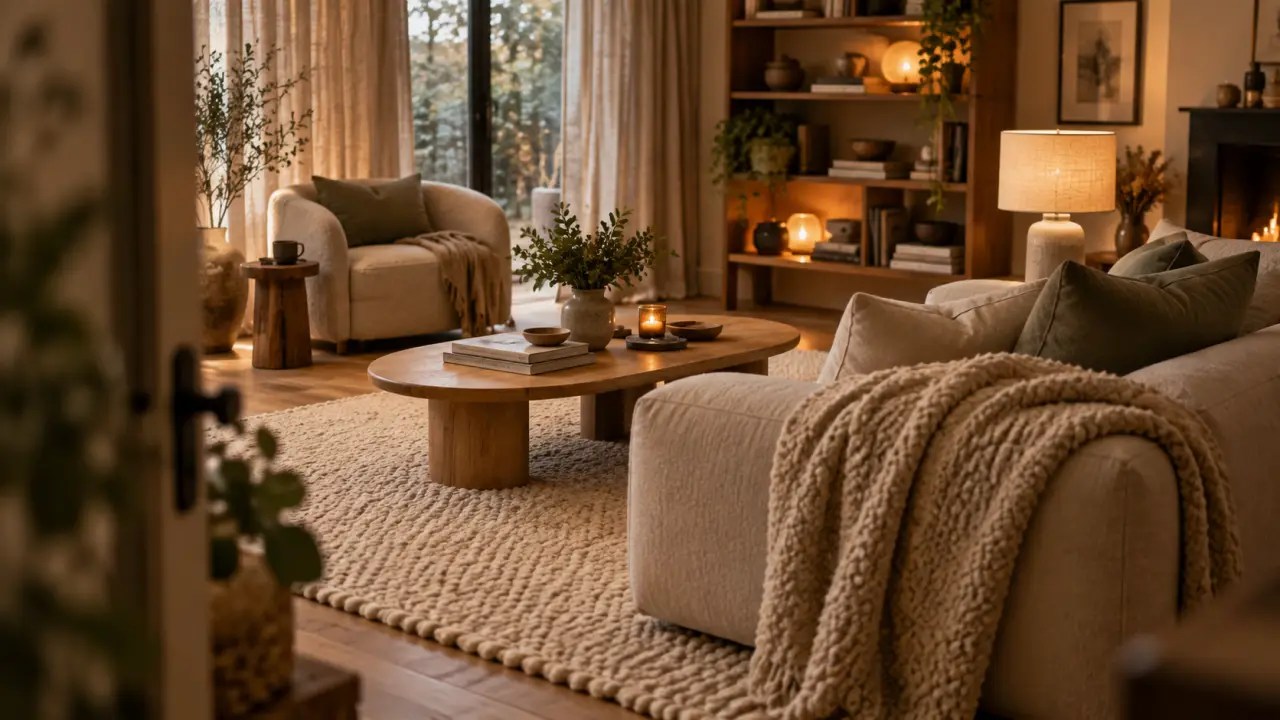 Déco scandinave cocooning : salon doux avec tapis en laine, lin et chêne clair