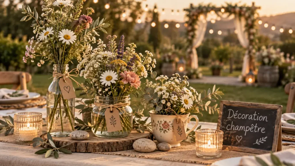 Décoration champêtre faite maison : trois vases par table pour une réception vivante