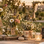 Decoration champetre fait maison : trois vases fleuris sur table en lin