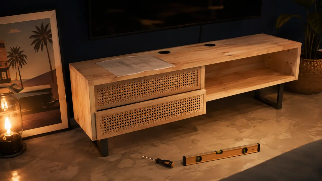 DIY meuble TV en bois clair, banc cannage avec plateau câbles