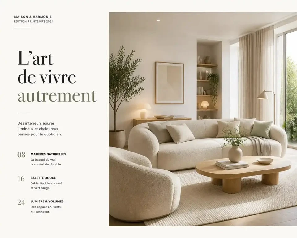 Salon avec une déco scandinave cocooning aux matières naturelles et à la lumière douce