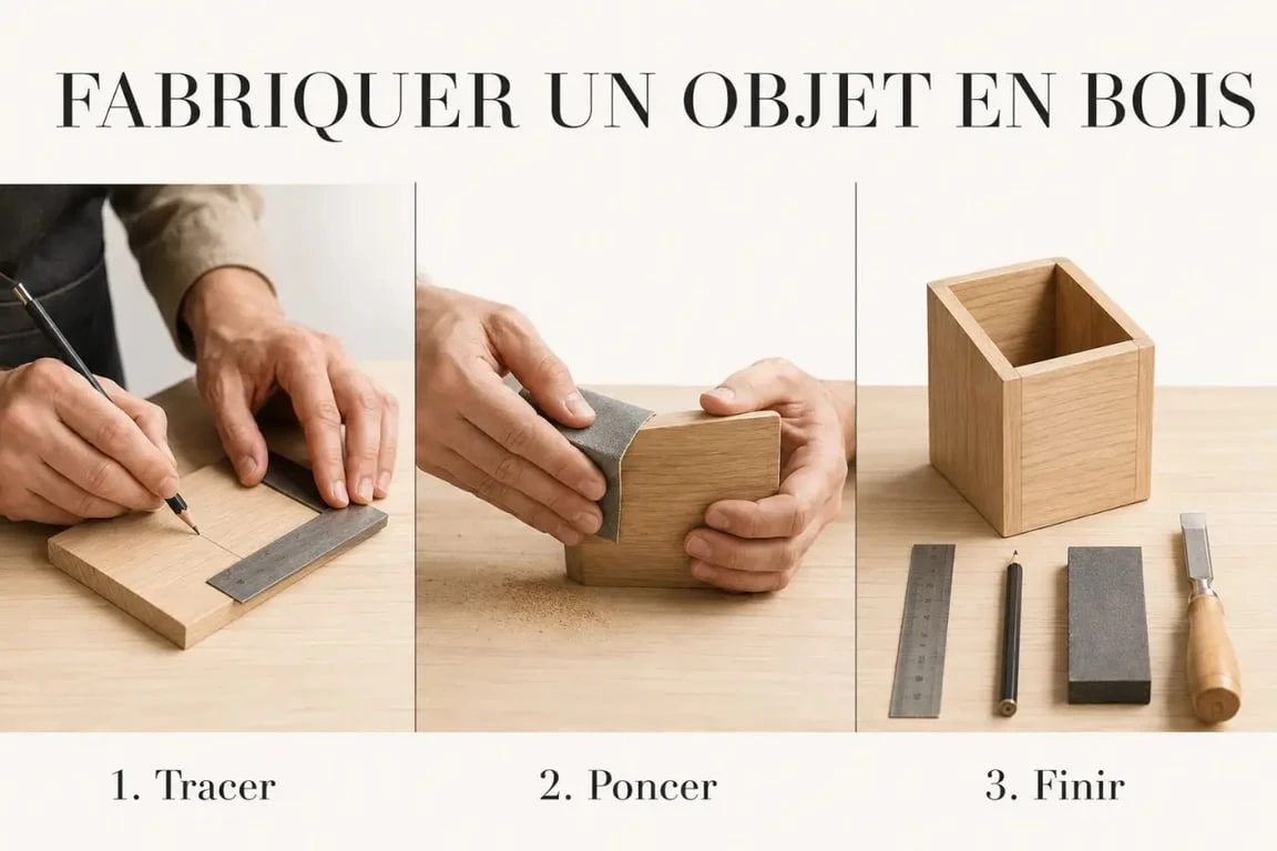 Petit objet en bois à fabriquer : trois étapes simples sur un établi, du tracé à la finition