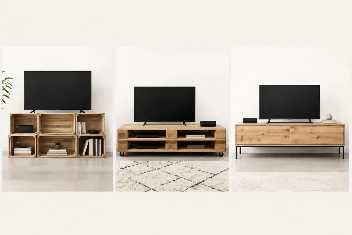 Diy meuble tv : trois idées de meuble TV en bois, palettes et acier dans un salon moderne