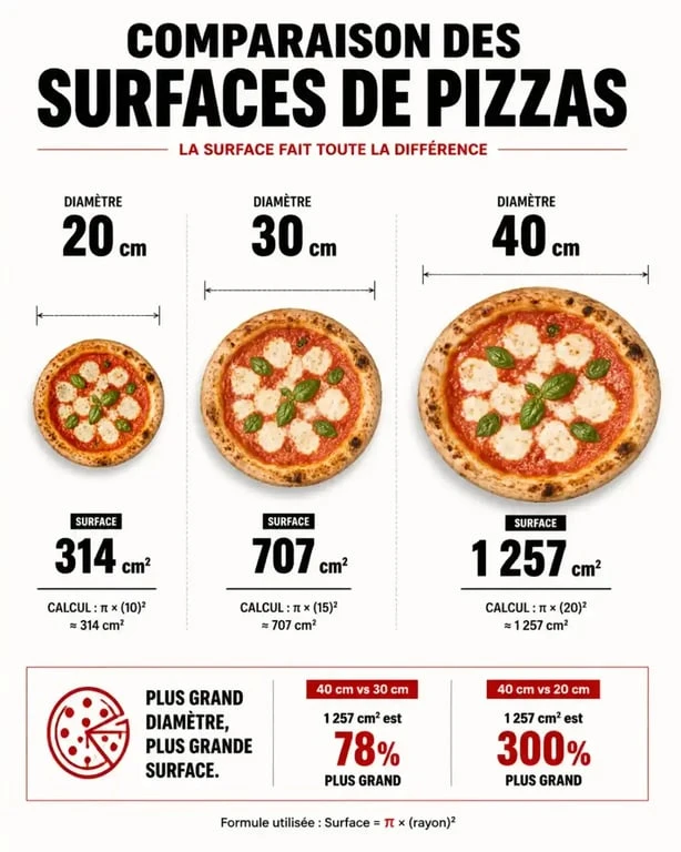 Infographie comparative des tailles de pizza et de leurs surfaces réelles pour mieux choisir sa taille de pizza