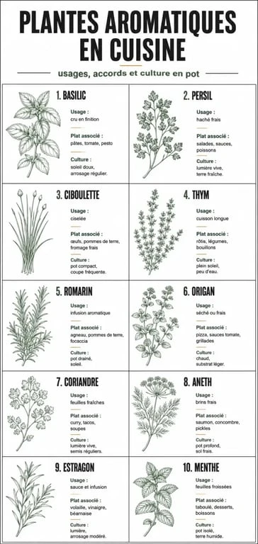 Plante aromatique pour cuisine : infographie des herbes à utiliser selon les plats et leur culture en pot
