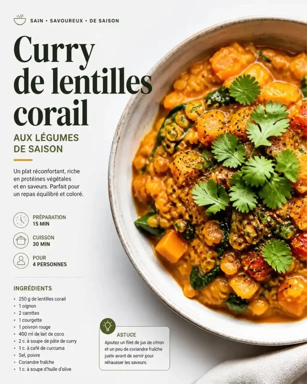 Recette de curry de lentilles corail, un pilier du batch cooking sain et équilibré.
